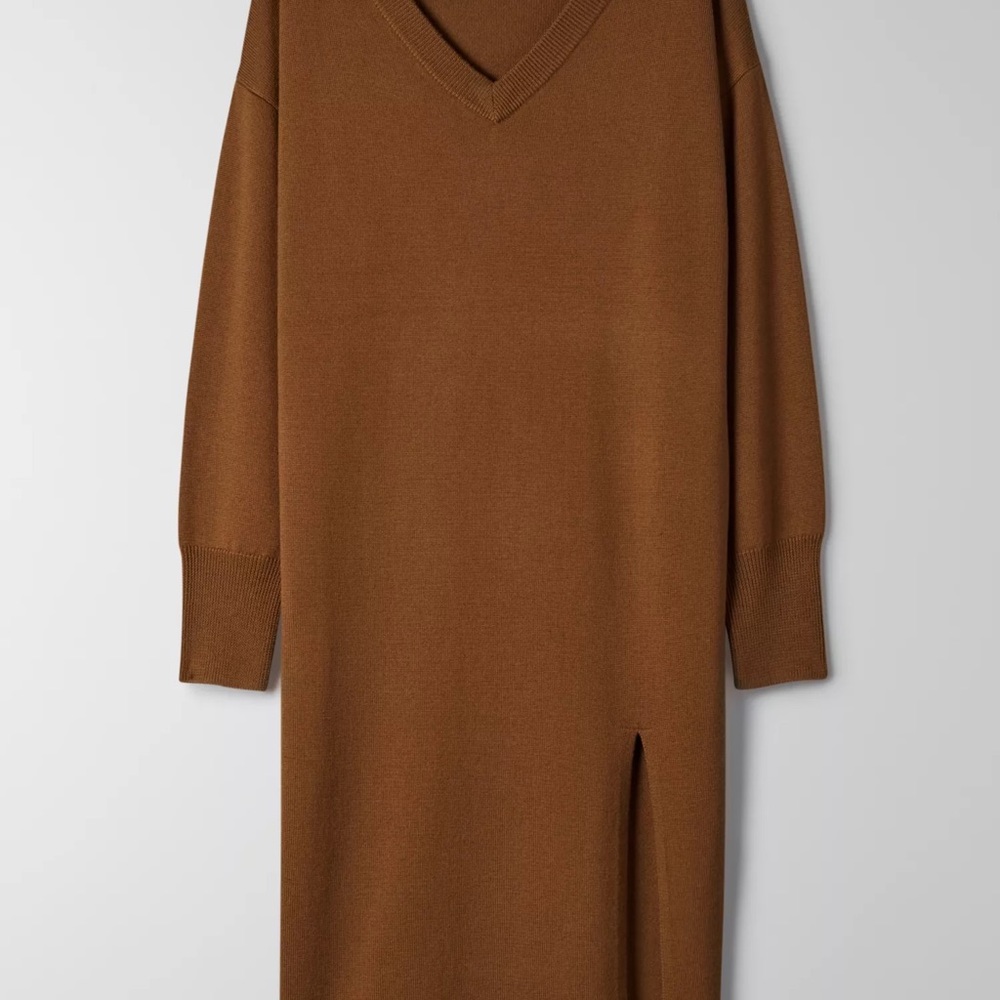 Aritzia Olive Brown V-Neck Long Sleeve Sweater Dress - Picture 2 of 8